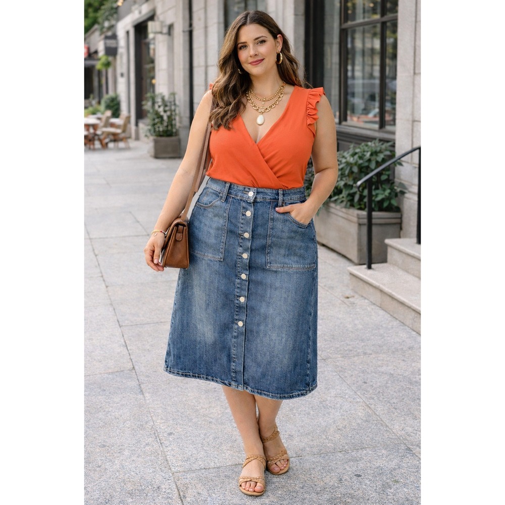 SONOMA Women's‎ Denim Midi Skirt Size L Button Front High Rise A-Line